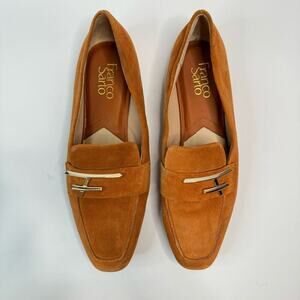 Franco Sarto Petola Suede Leather Loafers Square Toe Caramel Tan Gold Size 8.5